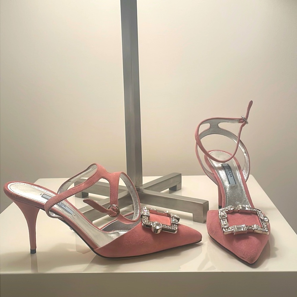 Prada pink suede jeweled ankle strap heels. Beautiful!